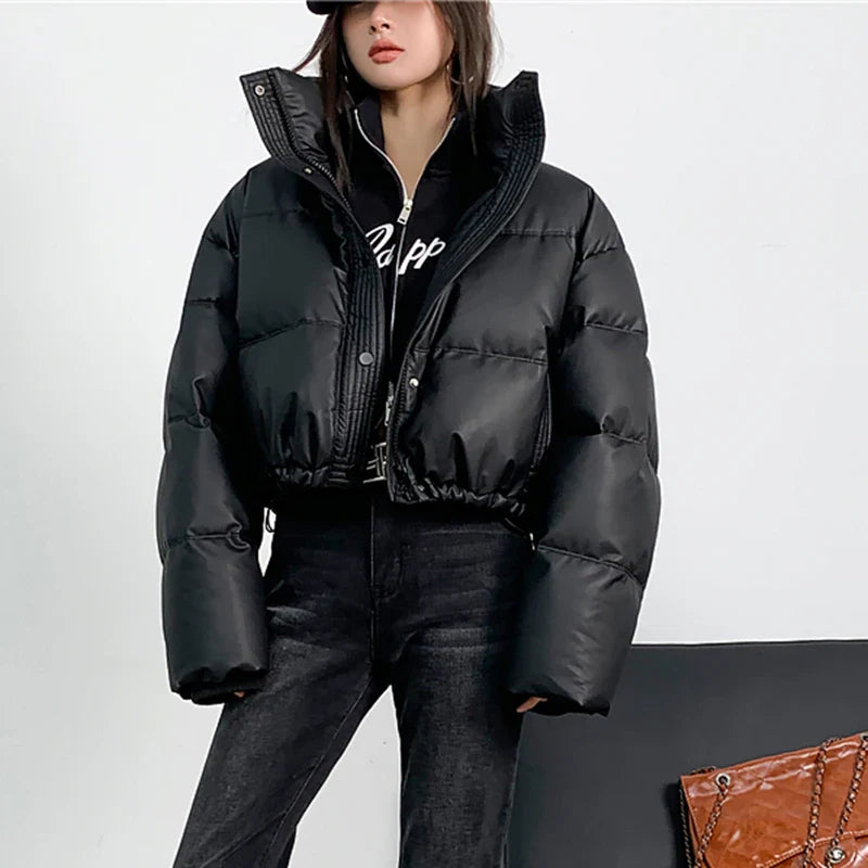 Gidyq Winter Pu Leather Cropped Parkas Women Fashion Streetwear Thick Warm Down Jacket Female All Match Zipper Puffty Outerwear