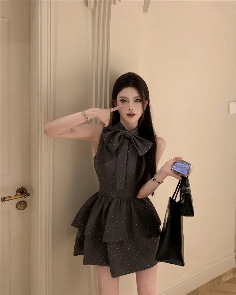 WARMMETA Hot Girl Diamond Bow Sleeveless Dress for Women Summer Lace-up Slim Fit A-line Fluffy Short Dress Fashion Female Clothes