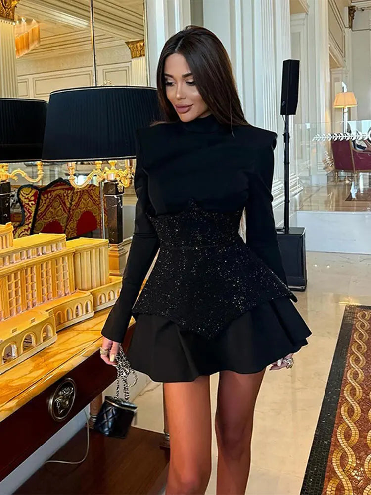 Women Fashion Sequin Black Patchwork Mini Dress O Neck High Waist Long Sleeve A-line Dresses 2024 New Evening Party