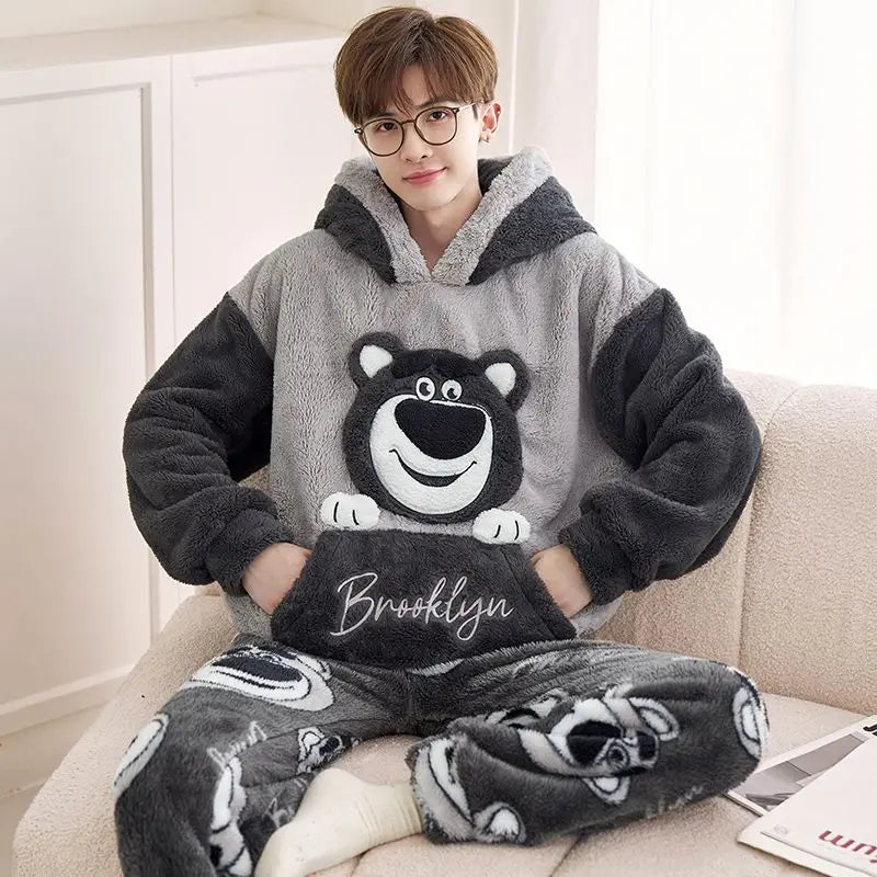 Autumn Winter Homewear Coral Fleece Men Pajamas Thick Fur Flannel Cartoon Male Loungewear Sets Plus-size Loungewear Suit Pyjamas