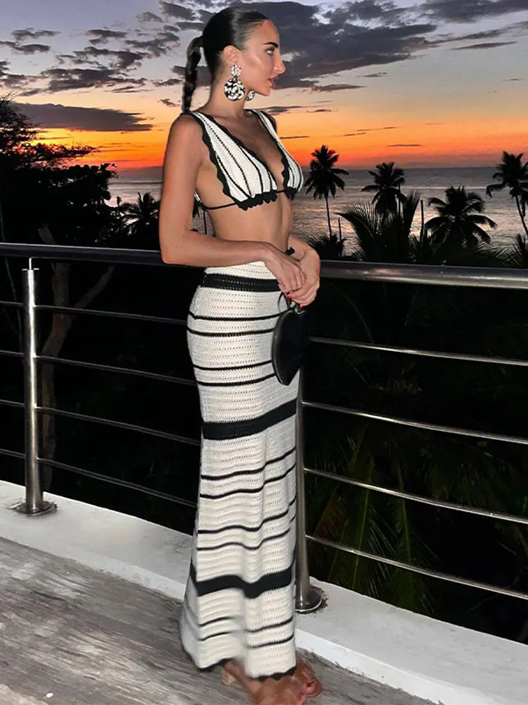 Sexy Layers Knitted Striped Maxi Skirt Sets For Women Chic Backless Lace Up Bra Tops Outfits Lady Summer Beach Holiday Suits