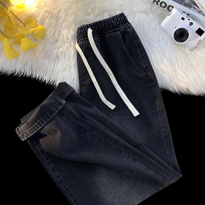 Autumn Jeans Men's Baggy Straight Drawstring Elastic Waist Personality Fashion Vintage Denim Trousers Streetwear 3XL