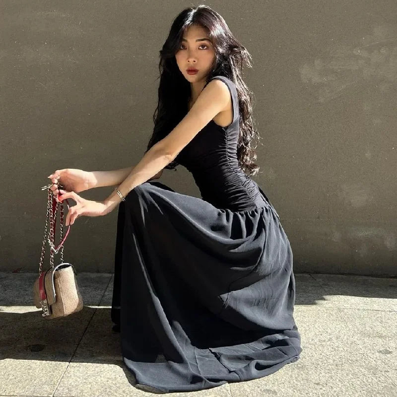 Women Summer Party Long Dress Sexy Ruched Bodycon Black Maxi Dresses Elegant Temperament High-waist Vestidos New