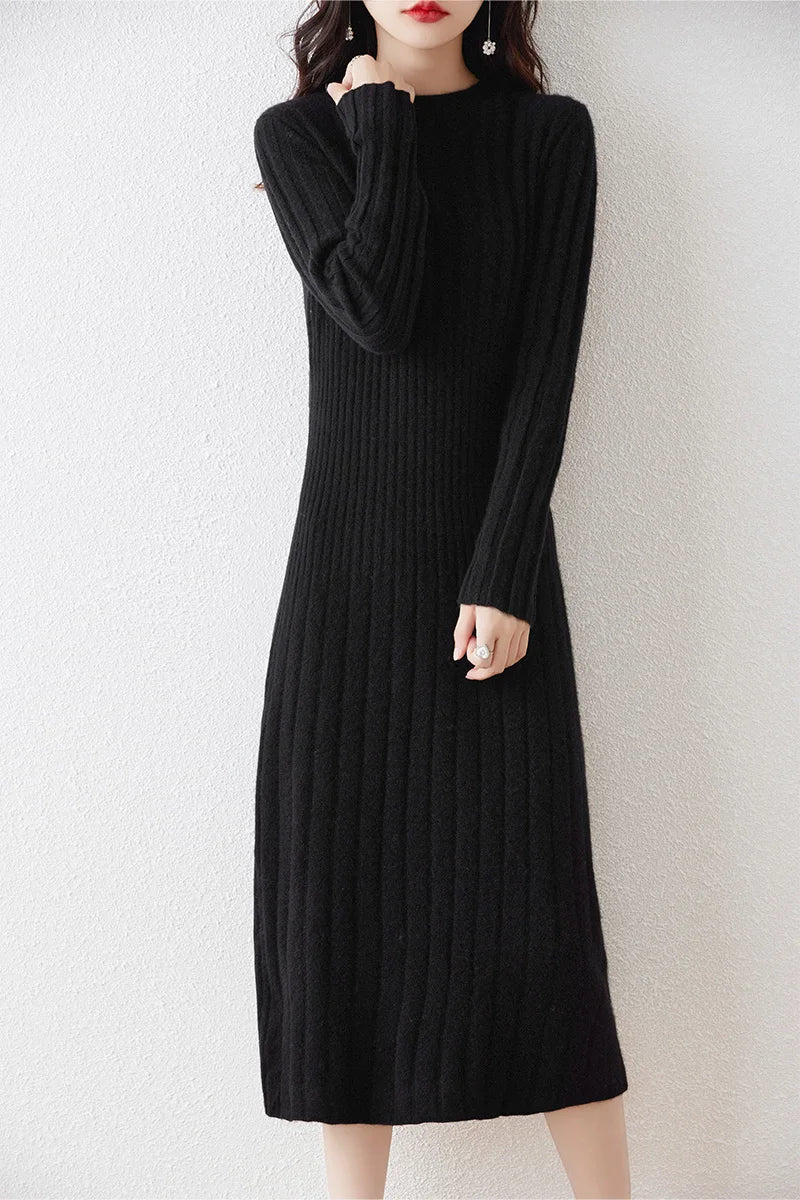 100% Merino Wool Sweater Dress 2023 Autumn And Winter New Women's Striped Round Neck Pleated Skirt Pullover