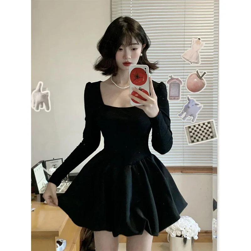 warmmeta-Y2K Black Mini Dress Women Korean Square Collar Long Sleeve One Pieces Dresses Party Prom Elegant Bodycon A Line Vestidos