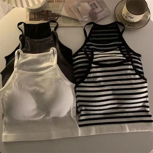 Korean Version Women Tank Tops Thread Solid Casual Fashion Crop Top with Chest Pad Stripe Sleeveless Outer Wear Basic Camisole