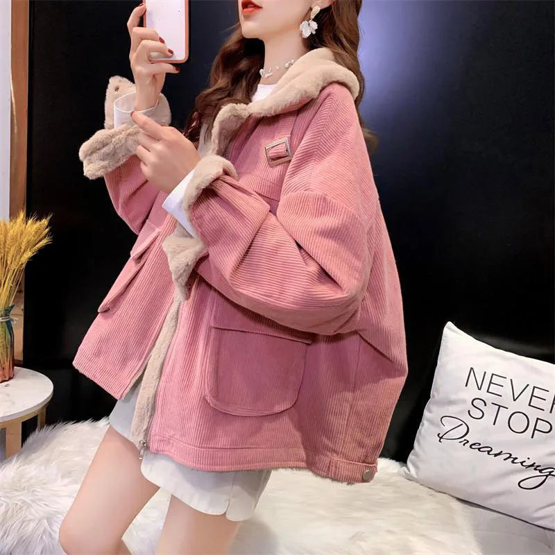 Biyaby New Autumn Winter Warm Corduroy Jacket Women Casual Loose Thicken Plush Coat Woman Korean Pocket Zipper Lamb Wool Parkas