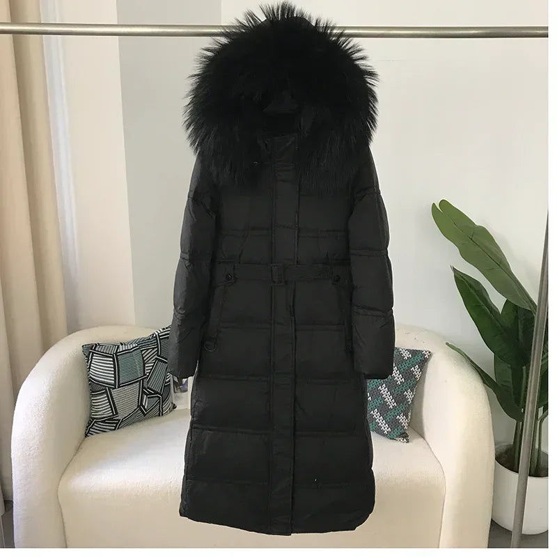 2023 Fashion Long Winter Jacket Women Real Raccoon Fox Fur Collar Natural Thick Warm Duck Down Coat Belt Outerwear Streetwear