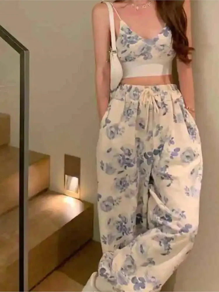 warmmeta Sexy Y2k Floral Two Piece Top Pant Set Women Korean Casual High Street Summer Suits Elegant Mini Top Long Wide Leg Pants