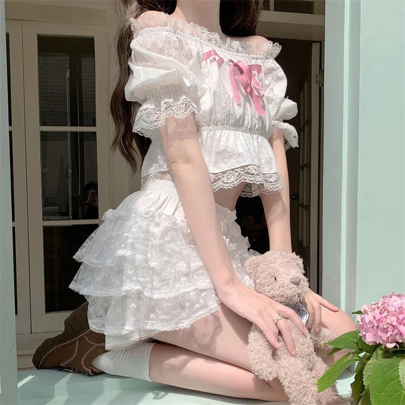 Snow Petal Ruffled Tulle Lace Bloomer Lolita Shorts