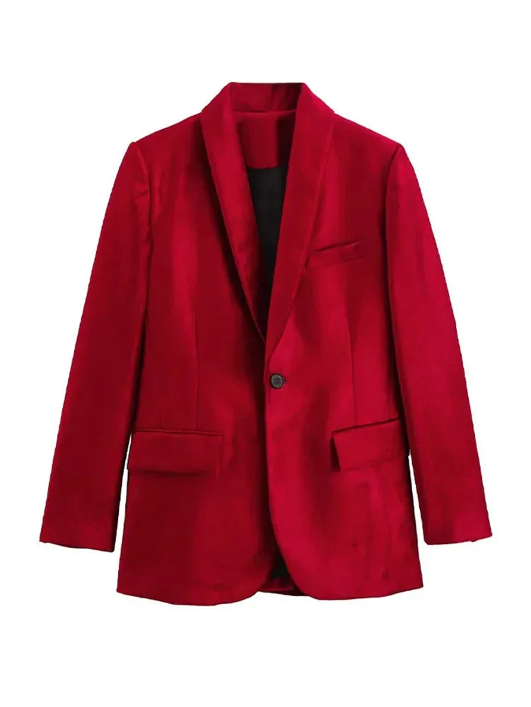 Spring Blazers Woman 2025 Trendy Red Turn Down Collar Long Sleeves Pockets Decorate Single Button Female Jacket Coats