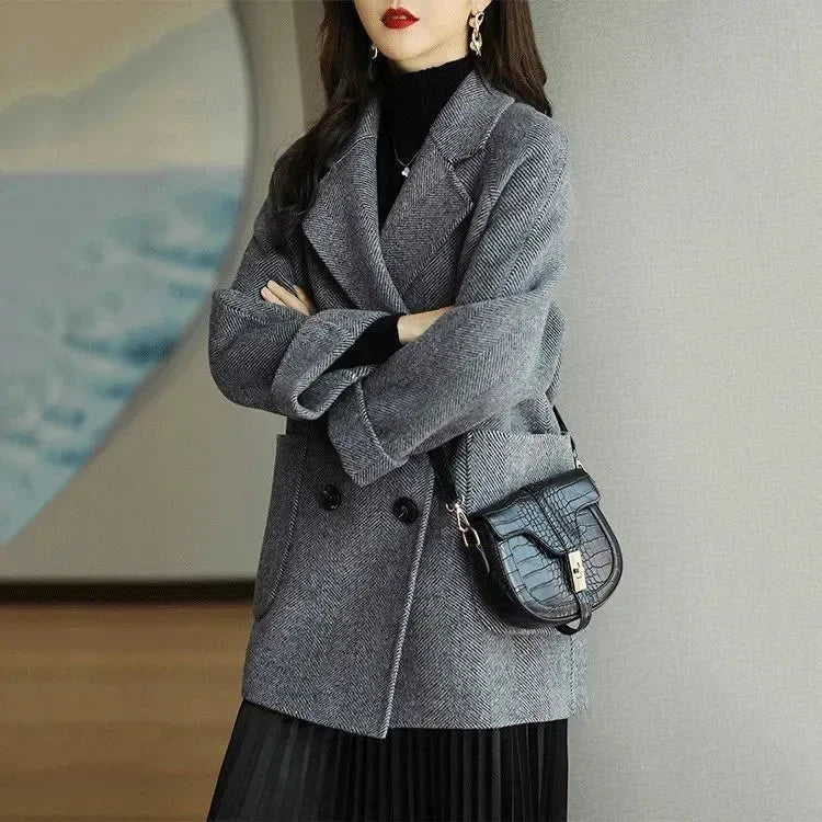 Winter Wool Coats Fashion Overcoat Female Elegant Solid Thick Woolen Coat Double Breasted Long Jackets Office Trench Coat Women