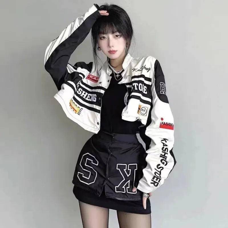 warmmeta Vintage Women Baseball Jacket Spring Autumn America Racing Detachable Stand Collar Coat Patchwork Letter Embroidery Clothing