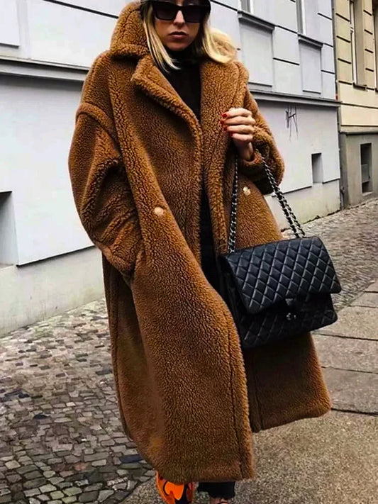 warmmeta Winter Lamb Wool Coat Women Vintage Solid Color Mid Length Plush Coat Female Casual Loose Long Sleeve Thick Warm Teddy Outerwear