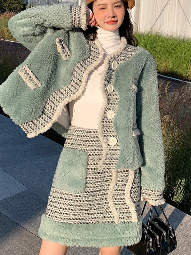 Two Piece Set for Women Outfits Short Set Autumer Winter Elegant Chic Green Skirt Set Wool Coat Long Sleeve Button Thick Korean