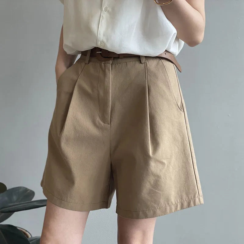 Belt Pure Cotton Shorts Women High Waist Wide Leg A Line Suit Shorts Office Lady Solid Loose Casual All Match Short Pants