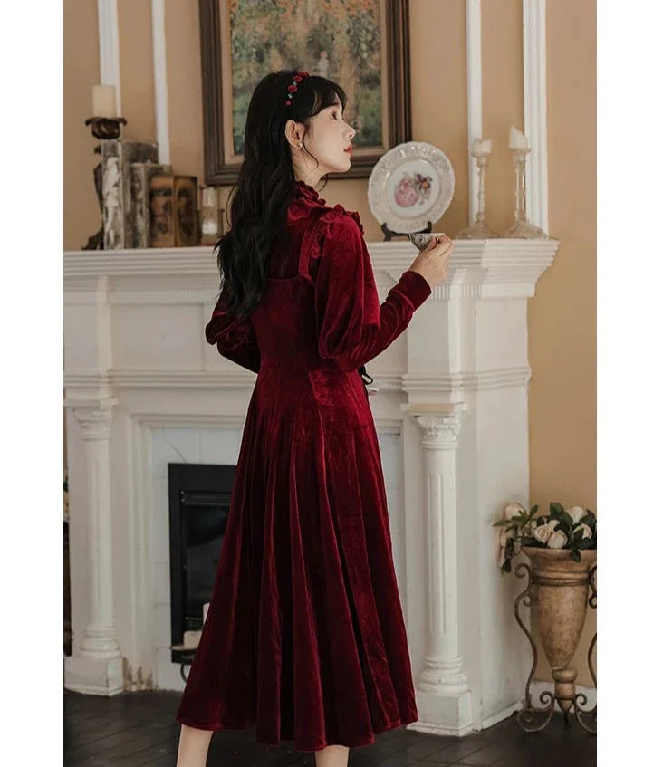 Ruby Victorian-Vintage-Academia Burgundy-Red Velvet Dress