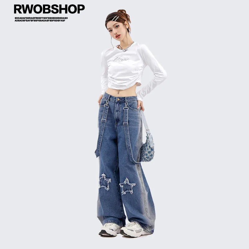 Vibe Vintage Ragged Star Strap Jeans Autumn New Y2K Loose Straight Leg Wide Leg Denim Strap Pants