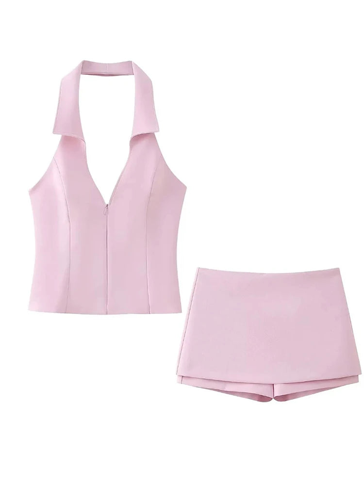 Casual Skirts Shorts Set Women Chic Halter Shirt Neck Backless Top Sweet Pink Short Pant 2024 Summer Sexy Sweet Pink Shorts Suit