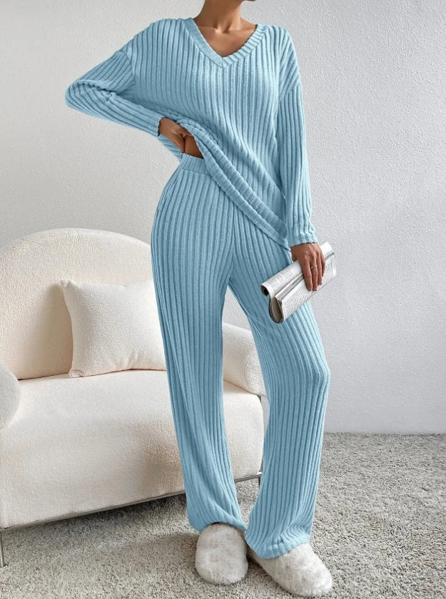 warmmeta Casual Sets for Women 2 Pieces Autumn New Loungewear Loose V-Neck Long Sleeve Top and Pit Strip Knitted Straight Pants Suit