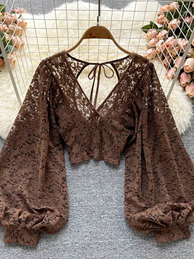 warmmeta Autumn Black/White/Brown Sexy Lace Blouse Women Elegant V-Neck Puff Long Sleeve Open Back Short Tops Female Party Blusas