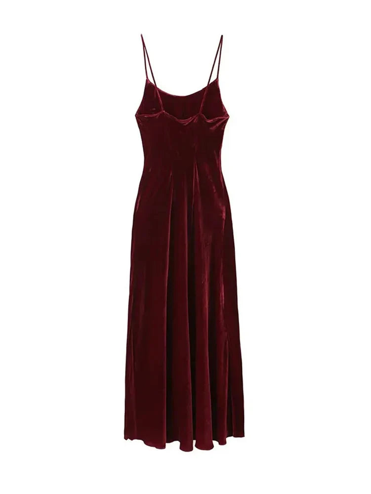 Picsgirl HH TRAF Women Elegant Spaghetti Strap Red Velvet Dresses O-Neck Fashion Backless Vintage Midi Dresses Female Sexy Party Dress