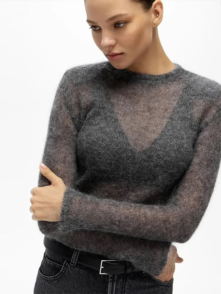 Women Fashion See Through Soft Knit Pullover Chic O-neck Long Sleeve Thin Sweater 2024 Spring Lady Elegant High Street Knitwear