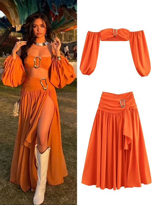 Sexy Hollow Out Skirt Set Women Off Shoulder Lantern Long Sleeve Short Top Skirt Lady Suit 2024 Summer New Female Beach Outfit