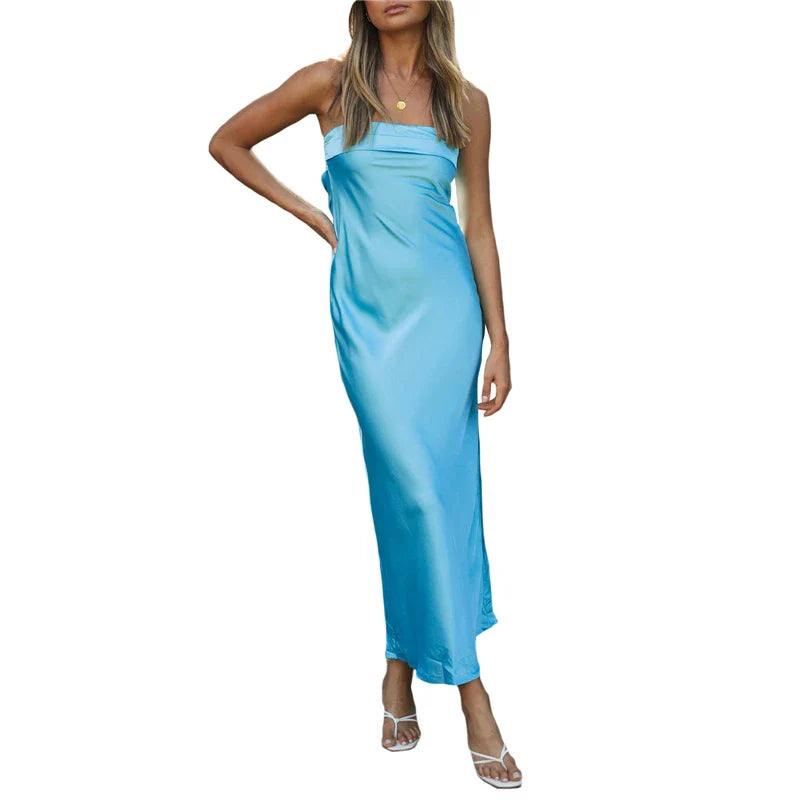 warmmeta-Bodycon Tube Dress y2k Women Solid Color Satin Off Shoulder Strapless Sleeveless Midi Dress Sexy Club Party Dresses