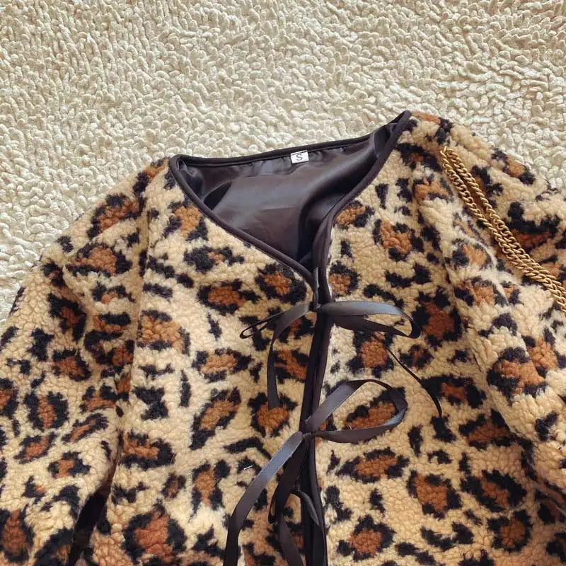 Leopard print jacket women long sleeve bow tied front fleece jacket female long sleeve wearm winter clothes women