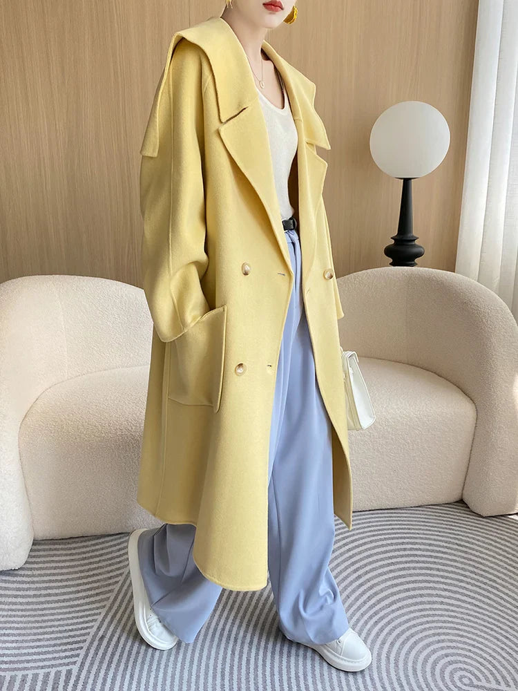 High-End Beautiful Women's Coat Autumn and Winter Long 100%Pure Wool Dovetail Collar Trendy Coat Fashionable All-Match Loose Top