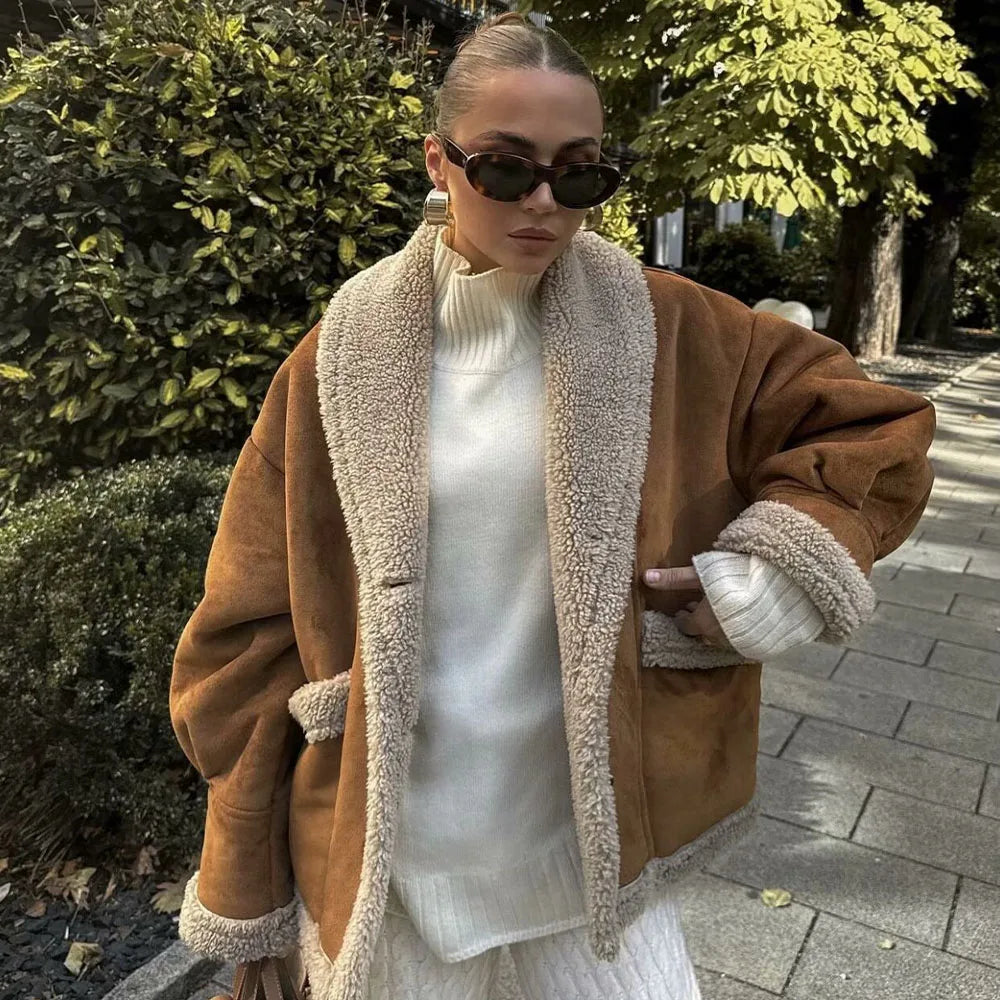 Autumn 2024 new women's fashion and leisure Joker slim temperament loose commuter pocket fur lapel coat.