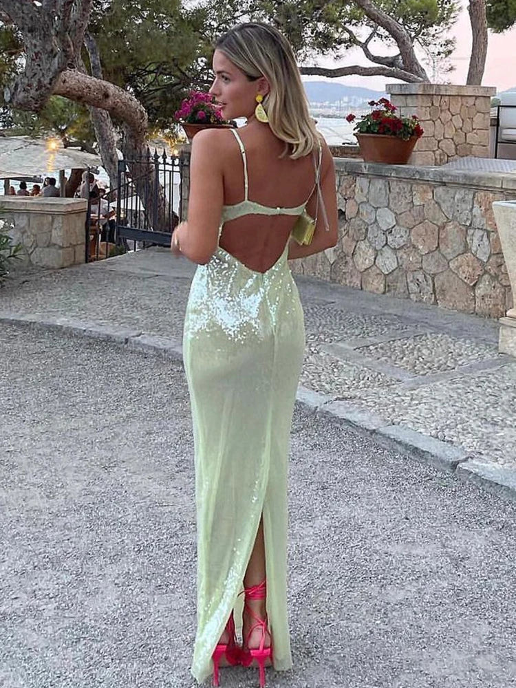 Glitter Backless Dress Women Fashion Spaghetti Strap Sequins Long Dress High Slit Elegant Luxury Evening Club Prom Cocktail Clot