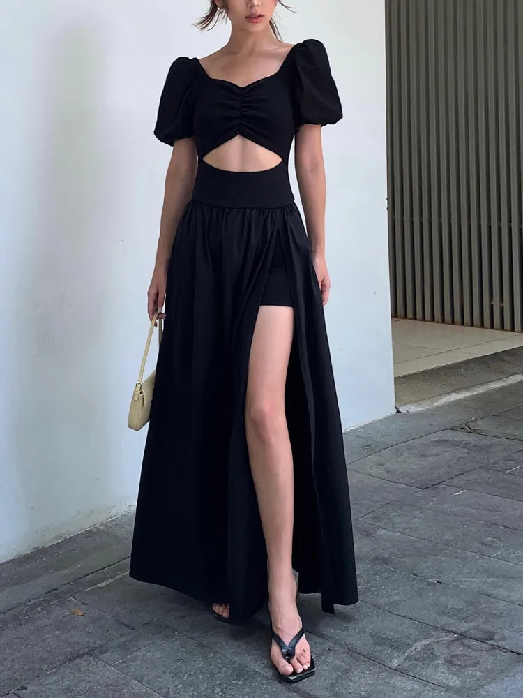 Summer Black Vintage Y2k Dress Women Solid Sexy Split Party Midi Dress Female Casual Korean Fashion Designer Retro Dress 2023