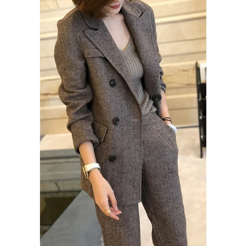 Women Woolen Blazer and Pantsuits Chic Elegant Korean Fashion Trousers Outfits Autumn New Female Suit Jacket 2 Piece Sets