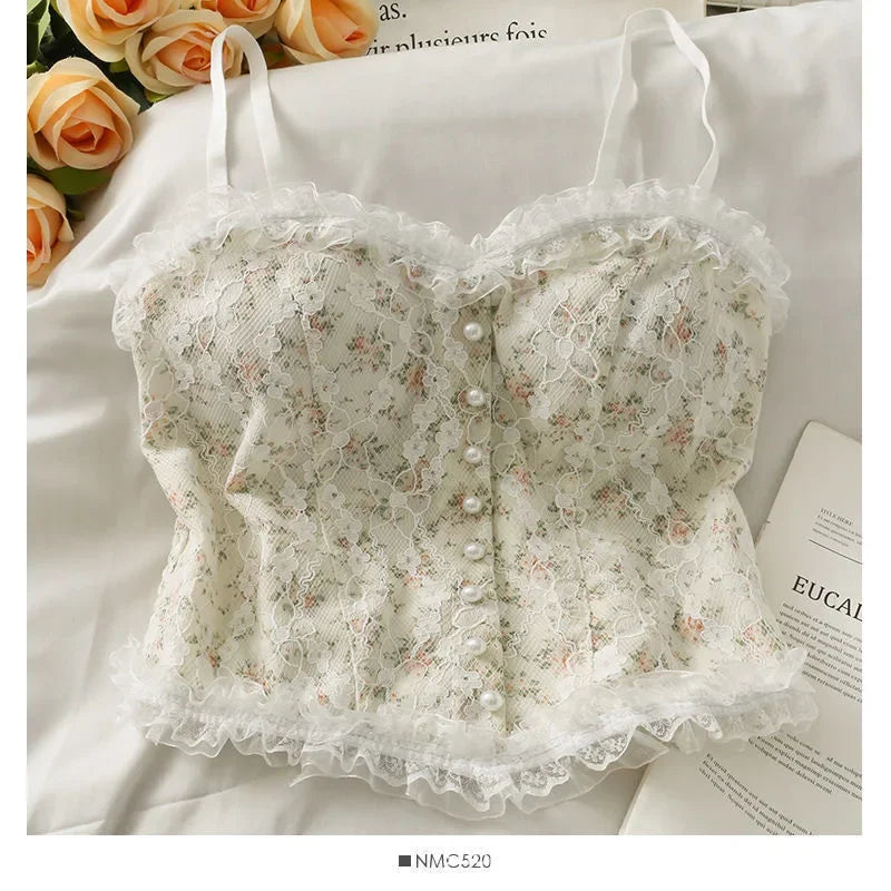 Sexy Tank Top Floral Lace Camisole Sweet Sleeveless Camis France Lace Tops Pearl Button Decorations Fashion Women Camis