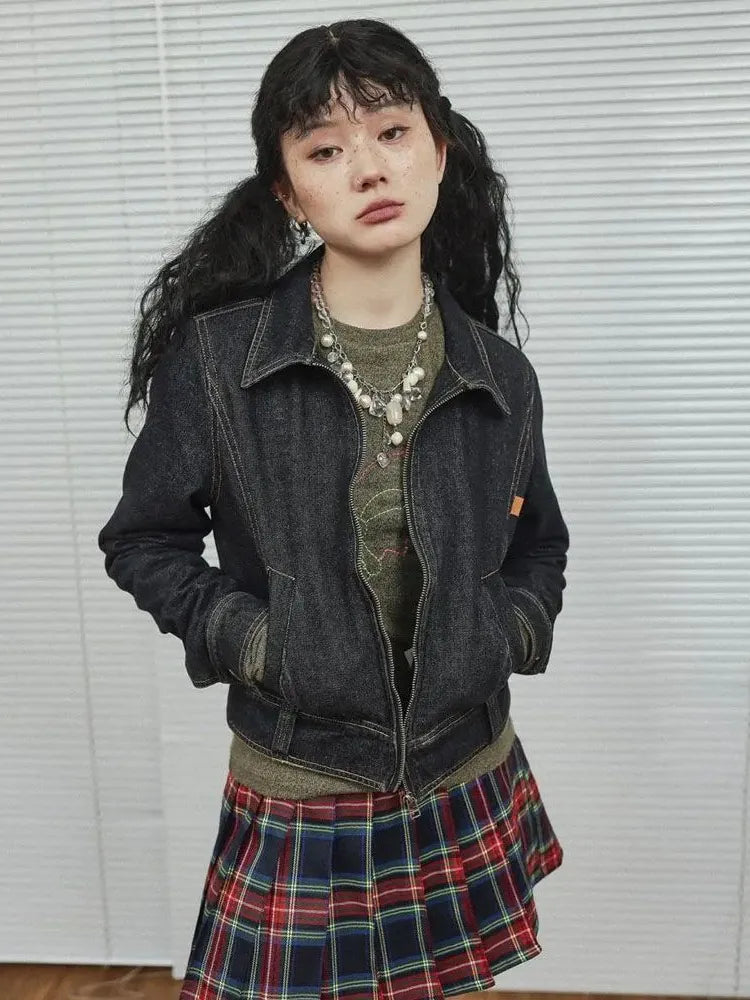 Deeptown Vintage Streetwear Cropped Jean Jacket for Women Grunge Kpop Zipper Long Sleeve Denim Coats Korean Distressed Outerwear