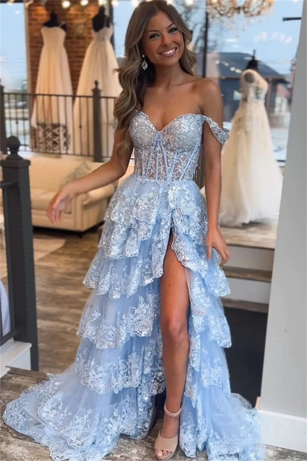 Gorgeous Prom Dress  Luxury Gliiter Lace Prom Dress Black Embroidery Lace Sexy Off Shoulder Edge Curl