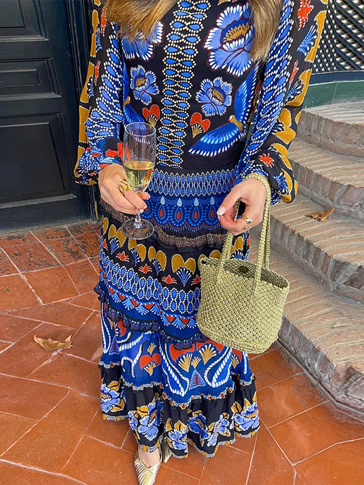 Women National Style Printed Long Sleeved Maxi Dress Fashion O-neck Loose Pleated Dress Summer Female Chic Vacation Vestidos