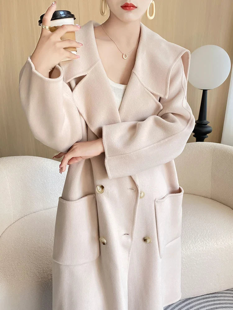 High-End Beautiful Women's Coat Autumn and Winter Long 100%Pure Wool Dovetail Collar Trendy Coat Fashionable All-Match Loose Top