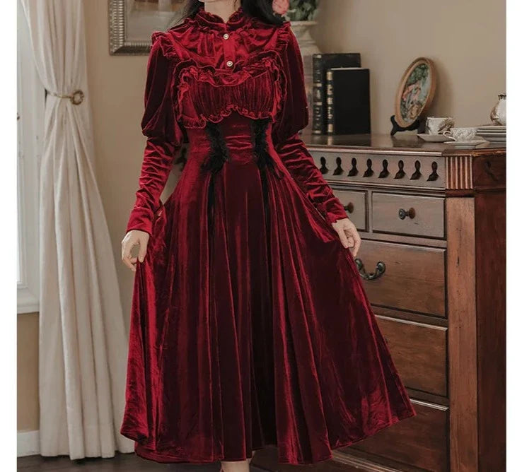 Ruby Victorian-Vintage-Academia Burgundy-Red Velvet Dress