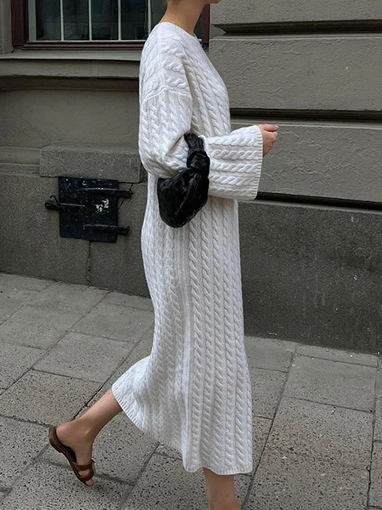 Picsgirl Autumn Winter Knitted Dress Women Fashion Solid Color Ribbed Sweater Dress Female Elegant Casual Loose Long Sleeve Long Dresses