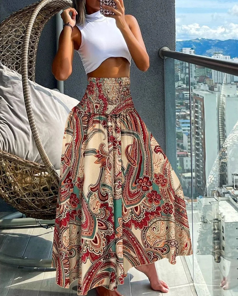 Boho Print Skirts For Women 2024 Summer Casual Elastic High Waist A-line Big Swing Long Dress Vacation Beach Party Skirt Robe