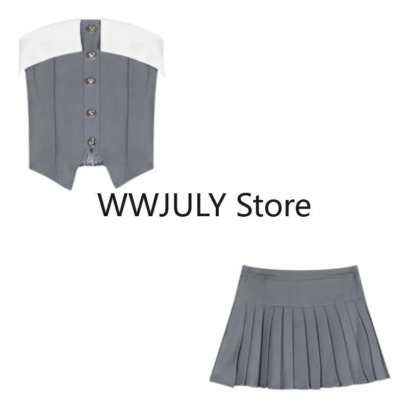 2023 Autumn Preppy Style Pleated Casual A-line Skirt Women + Irregular Patchwork Slim Camisole + Jacket Three-piece Suit Female