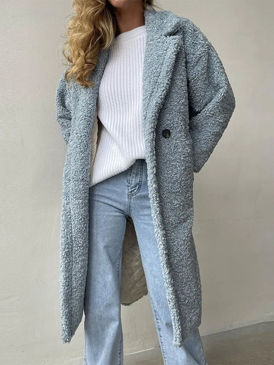 Fashion Lambswool Long Coat Women Lapel Long Sleeve Pockets Buttons Female Overcoat Autumn Winter Thickening Warm Lady Outwear