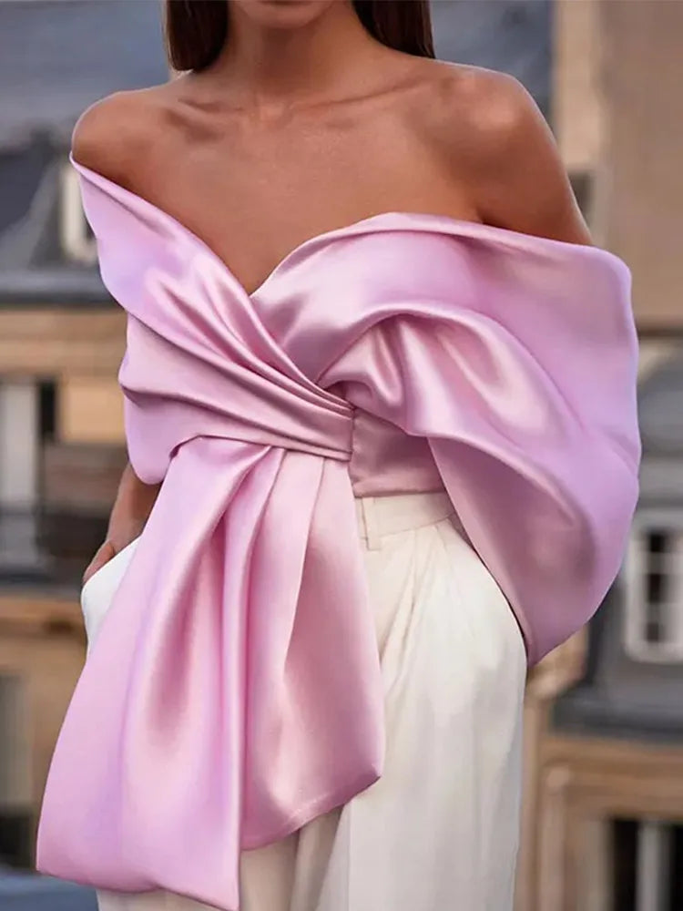 Elegant Satin Bow Top Women Off Shoulder Backless Pleated Club Party Shirts Vest 2024 Spring Summer Street Bow Lace Up Clubwear