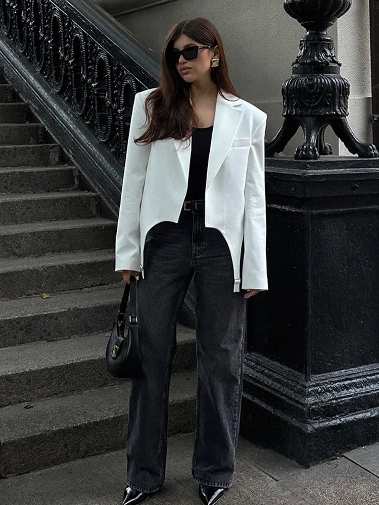 Fashion Cropped White Suit Jacket With Belts Women Casual Full Sleeve Lapel Short Coats 2024 New Autumn Office Ladies Chic Coat