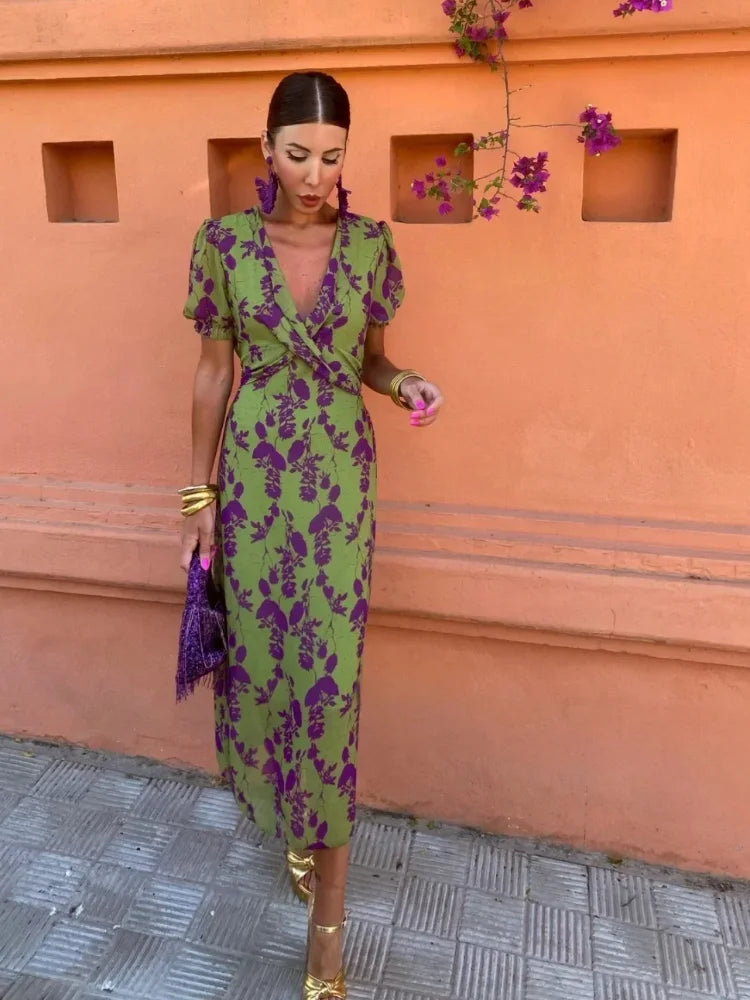 Women Vintage Floral Print Twisted Bodycon Maxi Dress Sexy V Neck Short Puff Sleeves Robe Summer Female Elegant Streetwear 2024