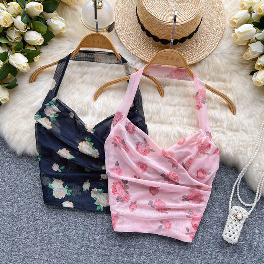 halter Flora print tanks top vintage v neck corset bustier  Korean fashion camis sexy chic crop tops summer women sling top y2k