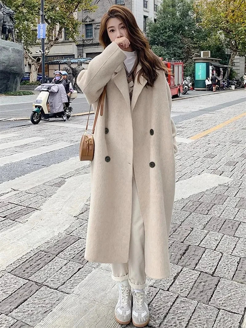 Pink Woolen Coat Women's Mid length 2023 Autumn/Winter New Korean Version Loose and Versatile Hepburn Style Small Woolen Coat